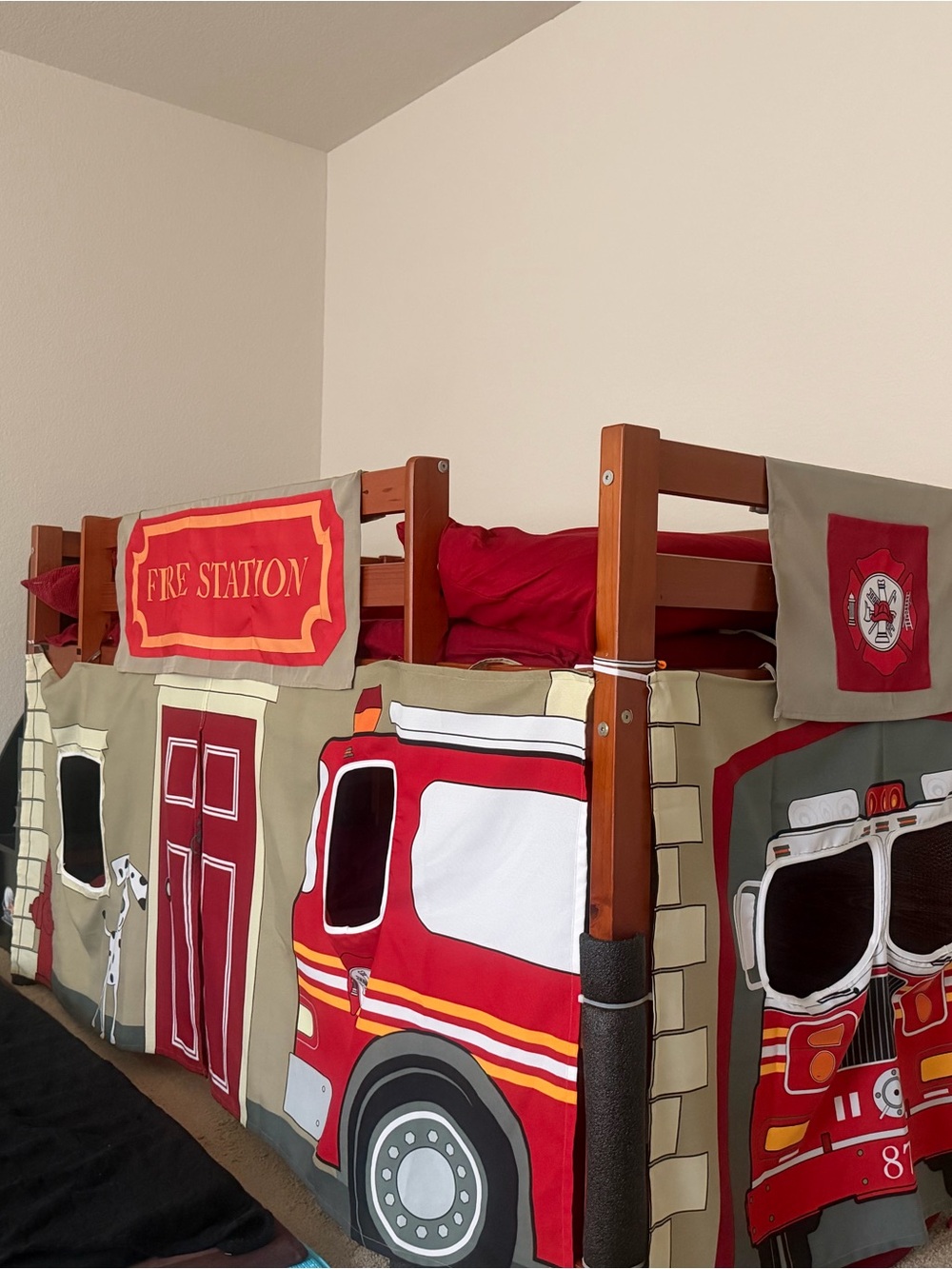 Kids Fire Truck Loft Bed Tent - Red, Tan, White